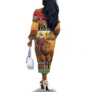 Afro Christmas in Kenya Safari Off The Shoulder Long Sleeve Dress Black Santa Riding Lion - African Pride