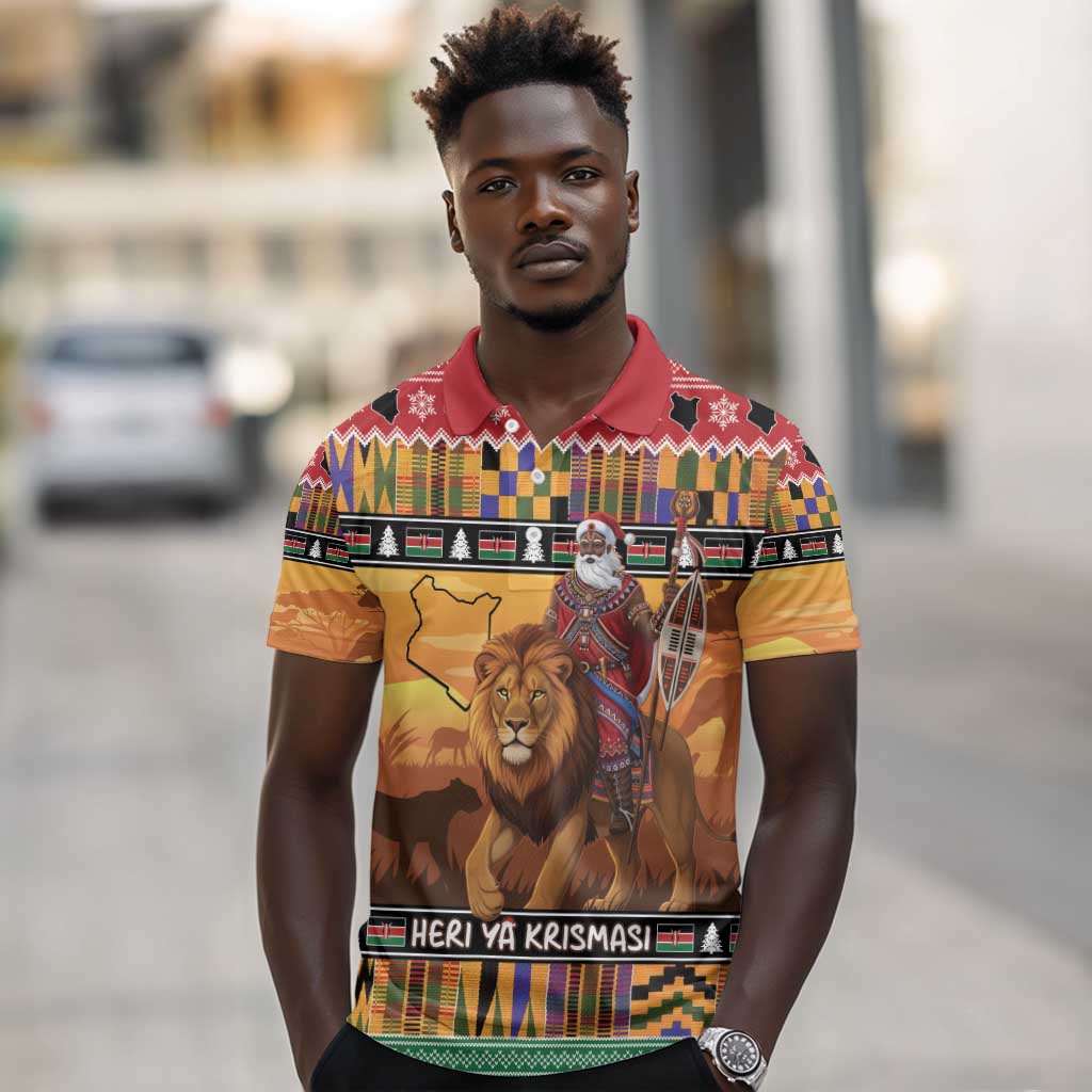 Afro Christmas in Kenya Safari Polo Shirt Black Santa Riding Lion - African Pride