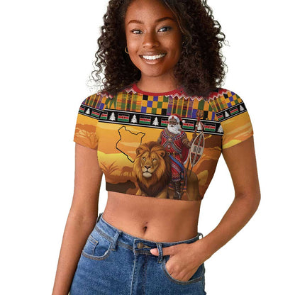 Afro Christmas in Kenya Safari Raglan Cropped T shirt Black Santa Riding Lion - African Pride