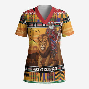 Kenya Safari Christmas Scrub Top Black Santa Riding Lion - Heri ya Krismasi - African Pride