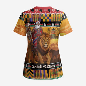 Kenya Safari Christmas Scrub Top Black Santa Riding Lion - Heri ya Krismasi - African Pride