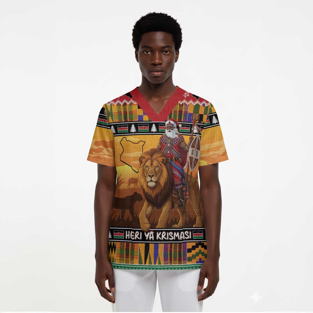 Kenya Safari Christmas Scrub Top Black Santa Riding Lion - Heri ya Krismasi - African Pride
