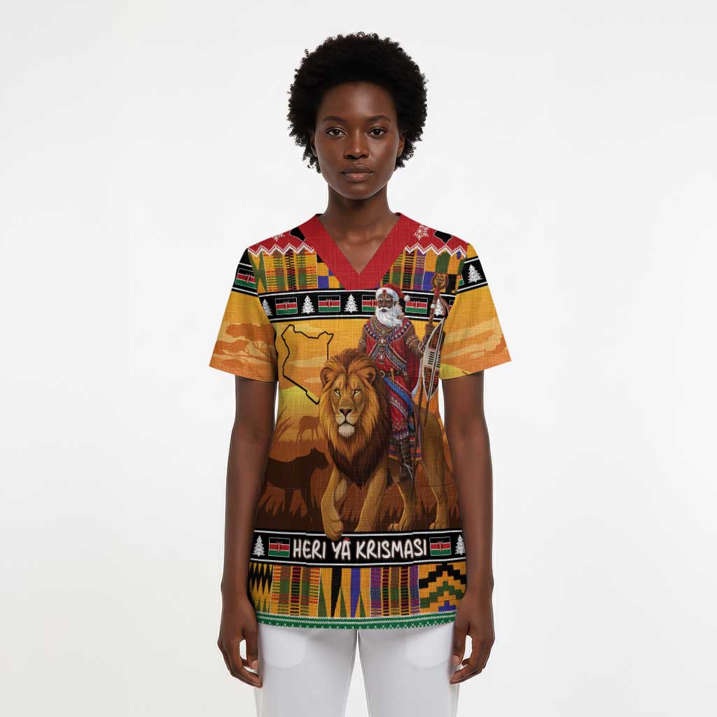 Kenya Safari Christmas Scrub Top Black Santa Riding Lion - Heri ya Krismasi - African Pride