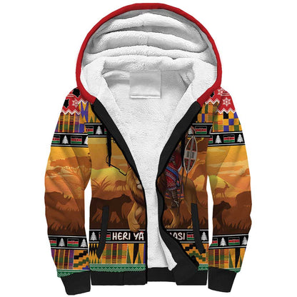 Afro Christmas in Kenya Safari Sherpa Hoodie Black Santa Riding Lion - African Pride