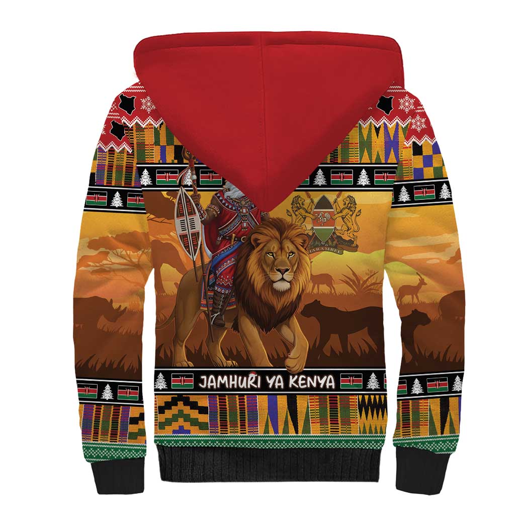 Afro Christmas in Kenya Safari Sherpa Hoodie Black Santa Riding Lion - African Pride