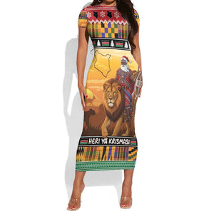 Afro Christmas in Kenya Safari Short Sleeve Bodycon Dress Black Santa Riding Lion - African Pride