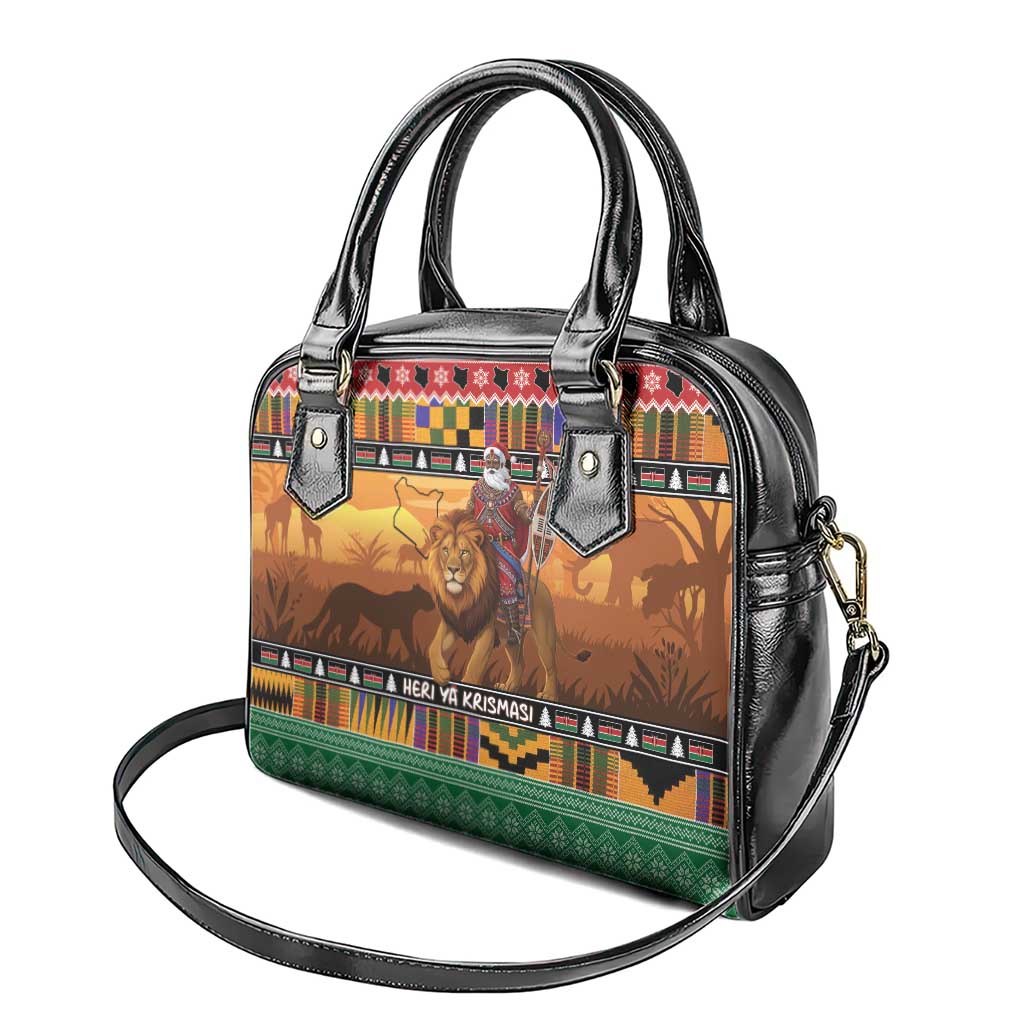 Afro Christmas in Kenya Safari Shoulder Handbag Black Santa Riding Lion - African Pride