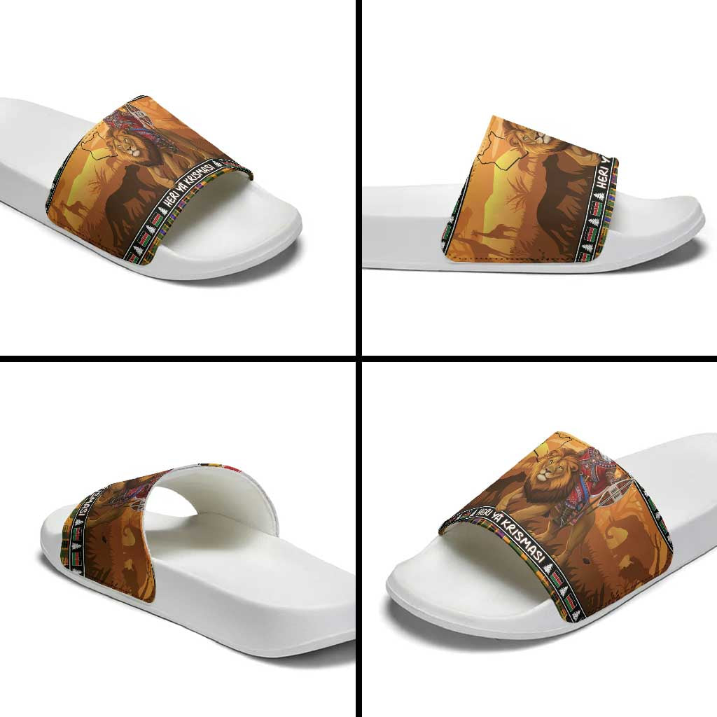 Kenya Safari Christmas Slide Sandals Black Santa Riding Lion - Heri ya Krismasi
