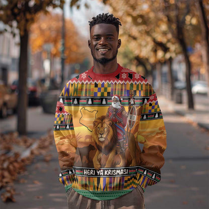Afro Christmas in Kenya Safari Sweatshirt Black Santa Riding Lion - African Pride