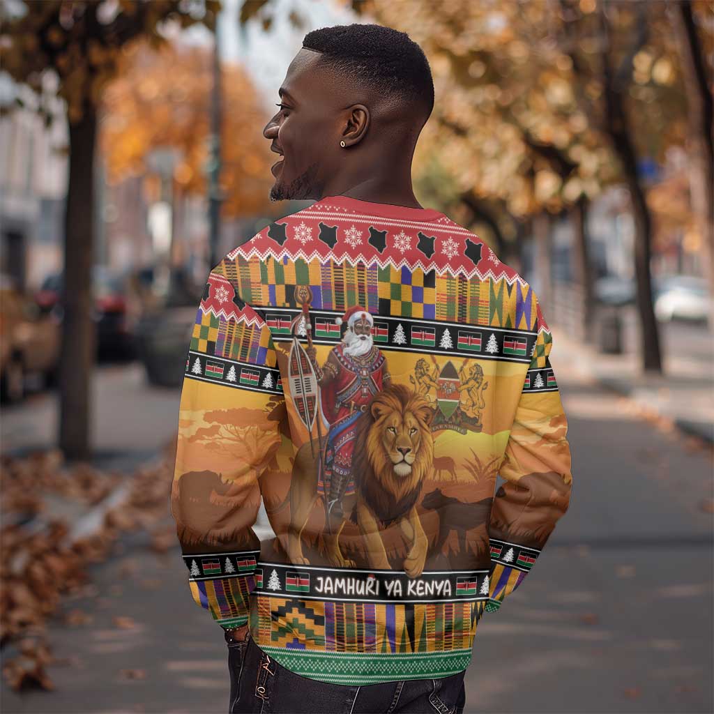 Afro Christmas in Kenya Safari Sweatshirt Black Santa Riding Lion - African Pride