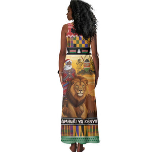 Afro Christmas in Kenya Safari Tank Maxi Dress Black Santa Riding Lion - African Pride
