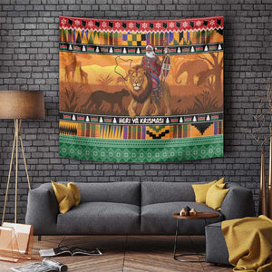 Afro Christmas in Kenya Safari Tapestry Black Santa Riding Lion - African Pride