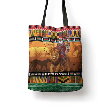 Kenya Safari Christmas Tote Bag Black Santa Riding Lion - Heri ya Krismasi