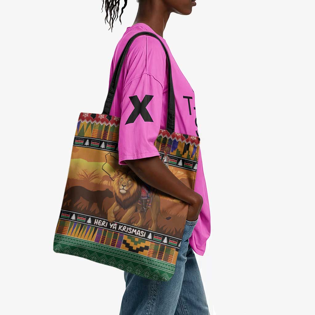 Kenya Safari Christmas Tote Bag Black Santa Riding Lion - Heri ya Krismasi