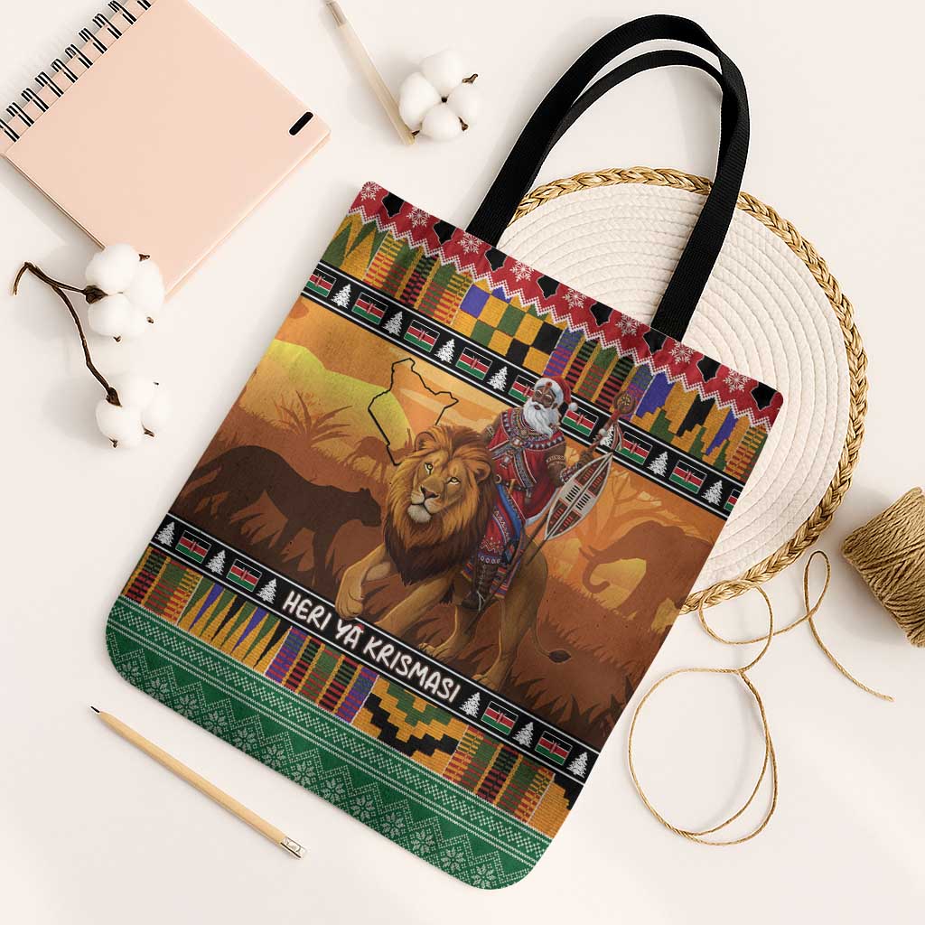Kenya Safari Christmas Tote Bag Black Santa Riding Lion - Heri ya Krismasi