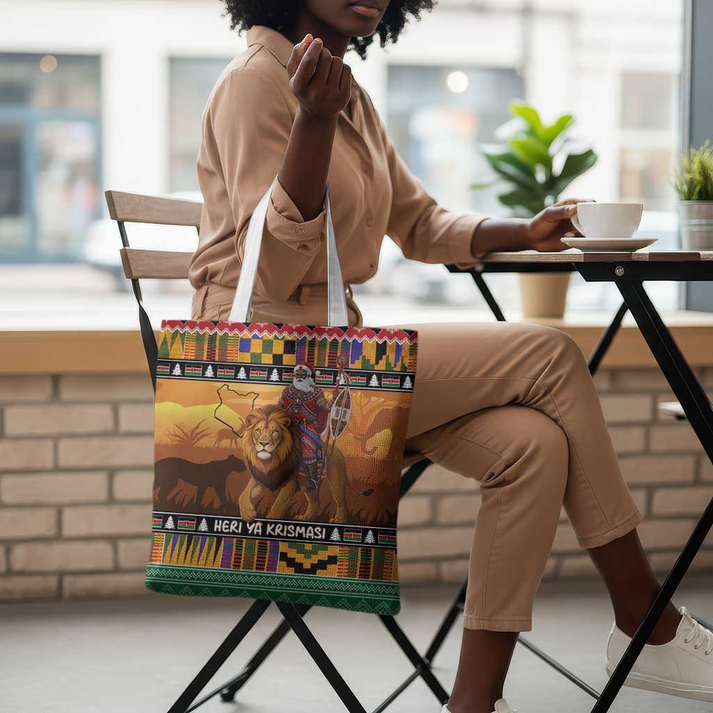Kenya Safari Christmas Tote Bag Black Santa Riding Lion - Heri ya Krismasi