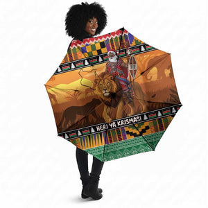 Kenya Safari Christmas Umbrella Black Santa Riding Lion - Heri ya Krismasi