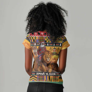 Afro Christmas in Kenya Safari Women V-Neck T-Shirt Black Santa Riding Lion - African Pride