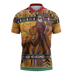 Kenya Safari Christmas Zipper Polo Shirt Black Santa Riding Lion - Heri ya Krismasi