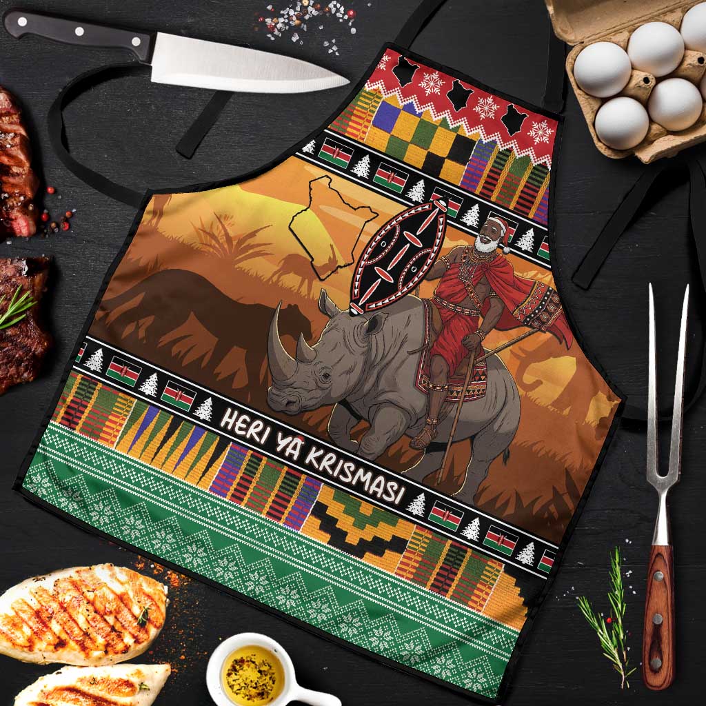 Kenya Safari Christmas Apron Black Santa Riding Rhinoceros - Heri ya Krismasi