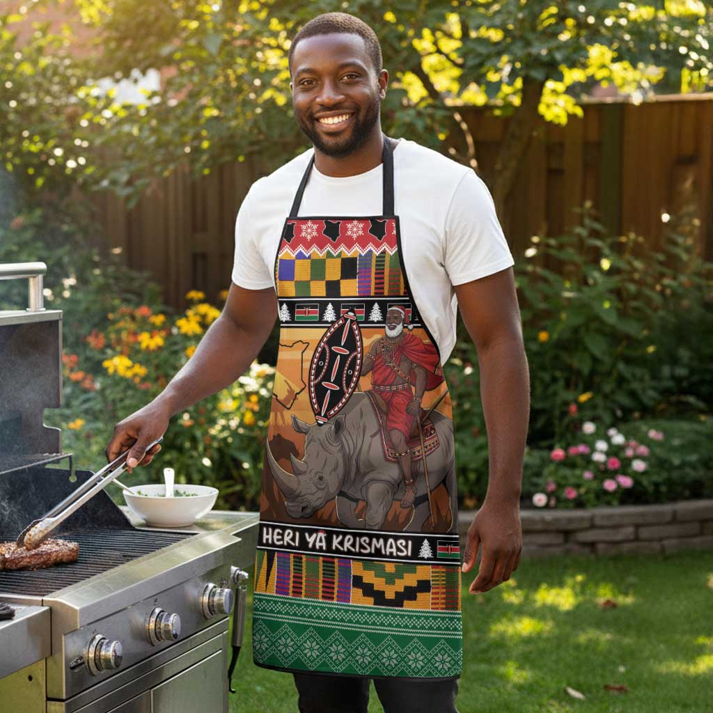 Kenya Safari Christmas Apron Black Santa Riding Rhinoceros - Heri ya Krismasi