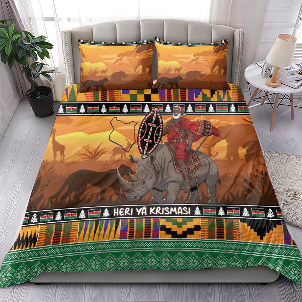 Afro Christmas in Kenya Safari Bedding Set Black Santa Riding Rhinoceros - African Pride