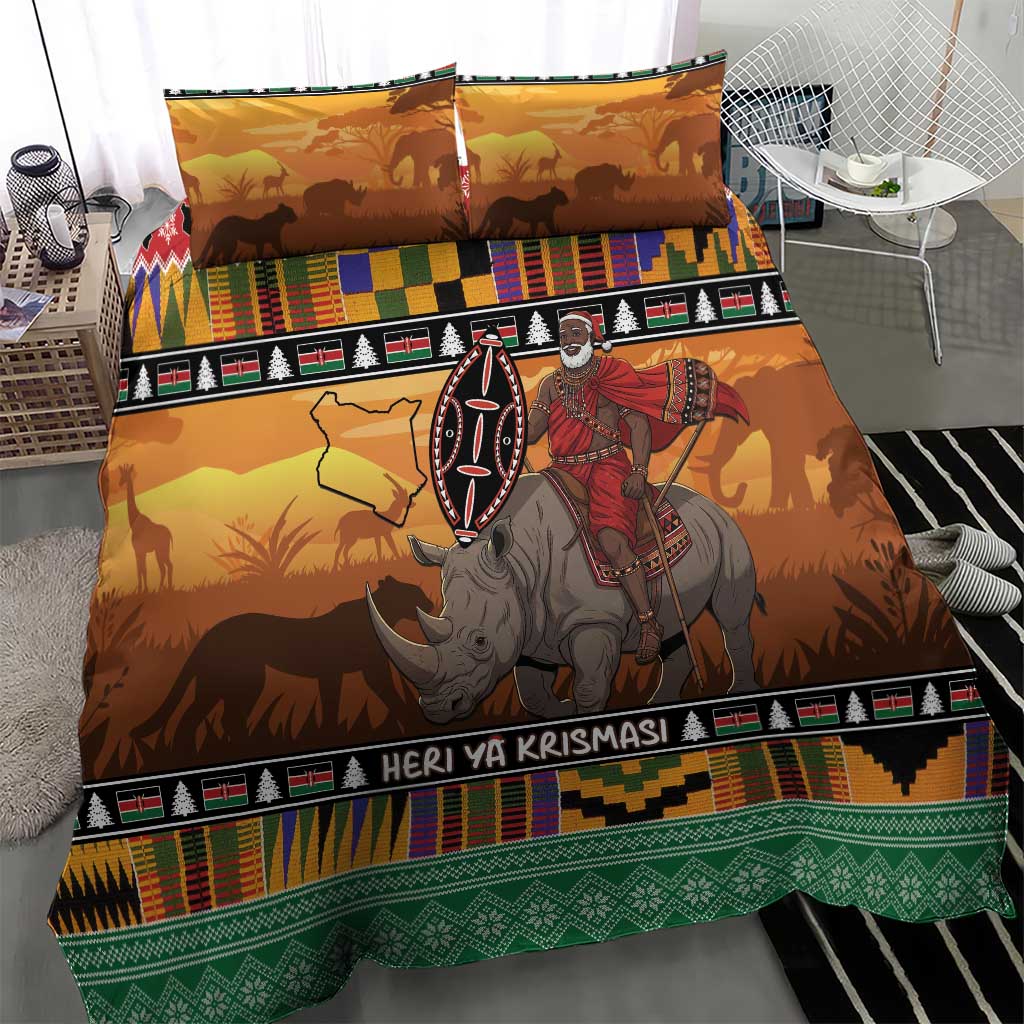 Afro Christmas in Kenya Safari Bedding Set Black Santa Riding Rhinoceros - African Pride