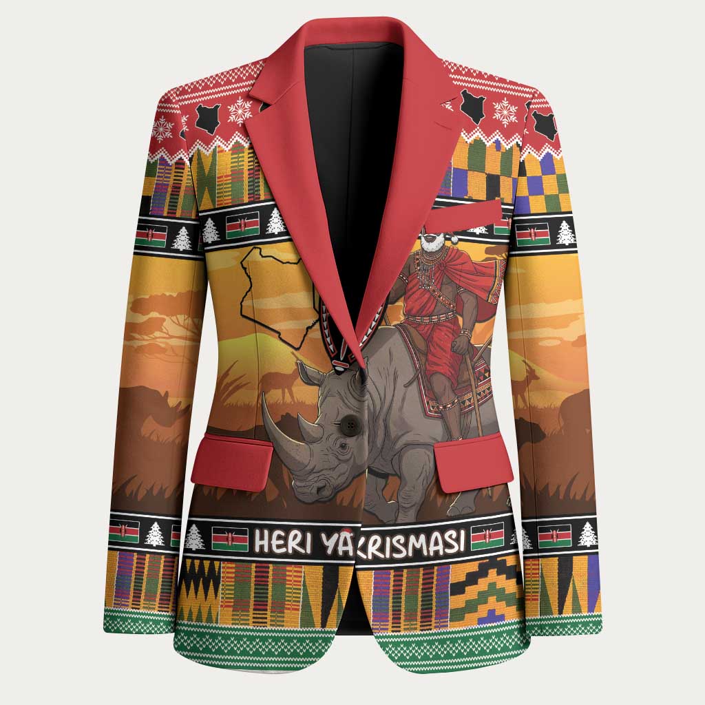 Kenya Safari Christmas Blazer Black Santa Riding Rhinoceros - Heri ya Krismasi