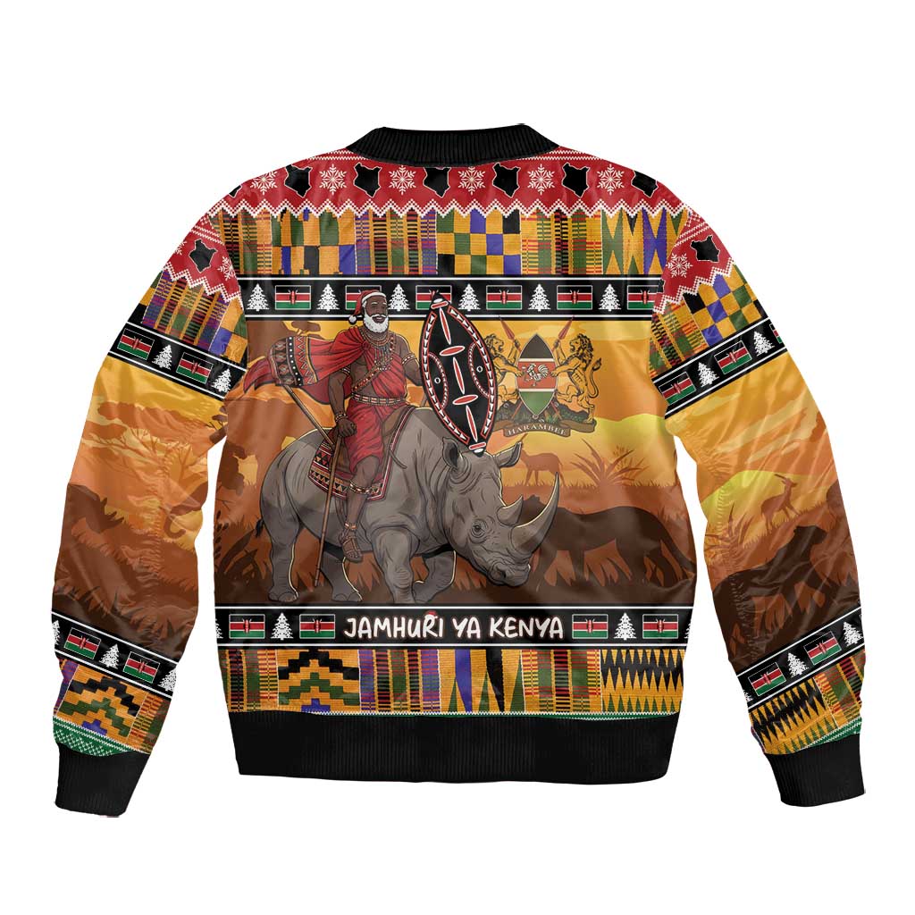 Afro Christmas in Kenya Safari Bomber Jacket Black Santa Riding Rhinoceros - African Pride