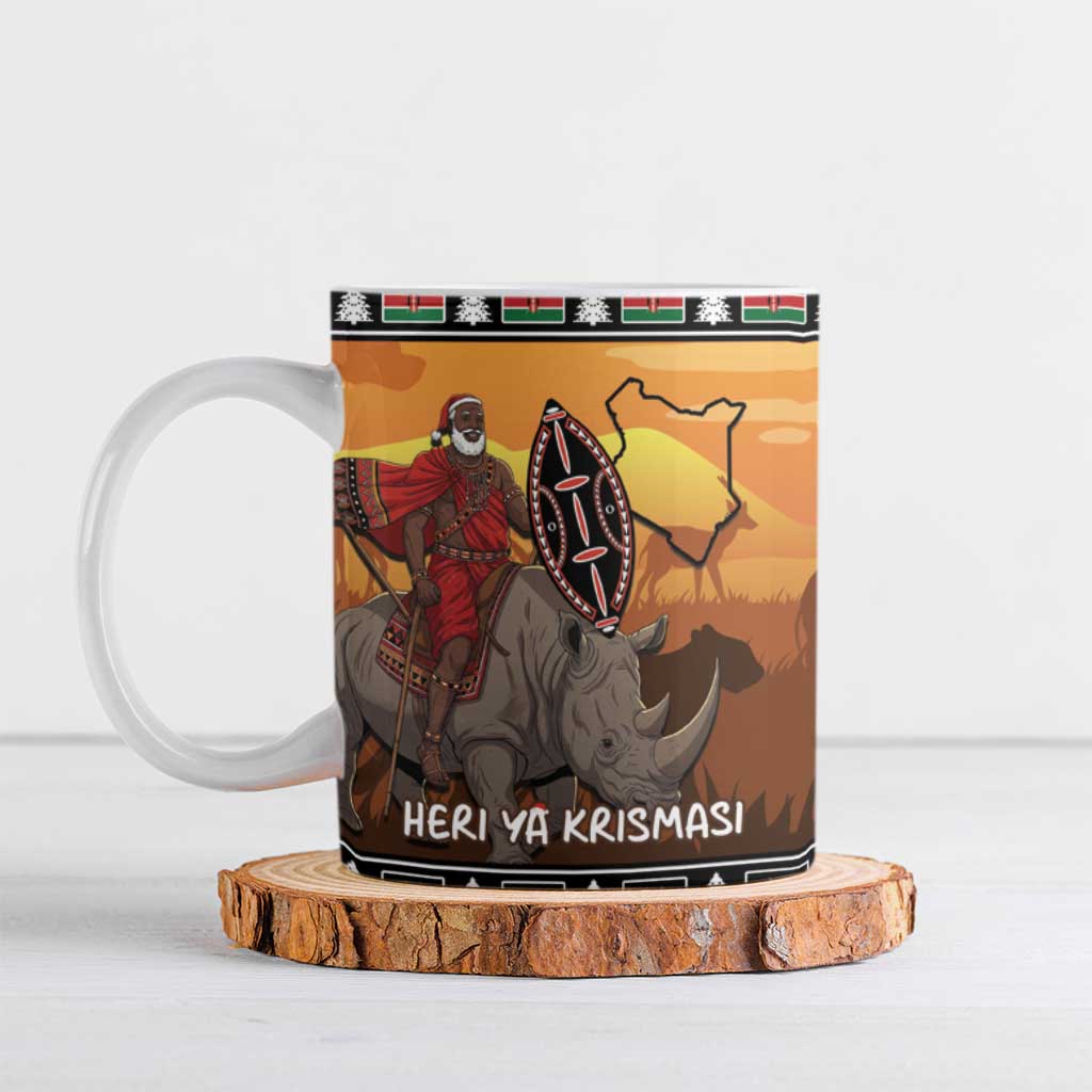 Kenya Safari Christmas Ceramic Mug Black Santa Riding Rhinoceros - Heri ya Krismasi