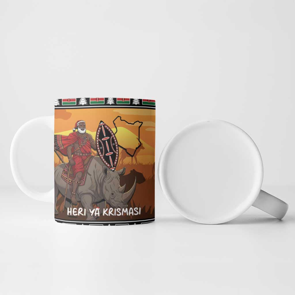 Kenya Safari Christmas Ceramic Mug Black Santa Riding Rhinoceros - Heri ya Krismasi