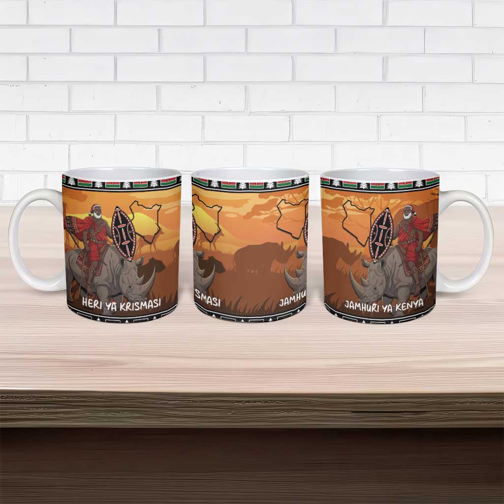 Kenya Safari Christmas Ceramic Mug Black Santa Riding Rhinoceros - Heri ya Krismasi