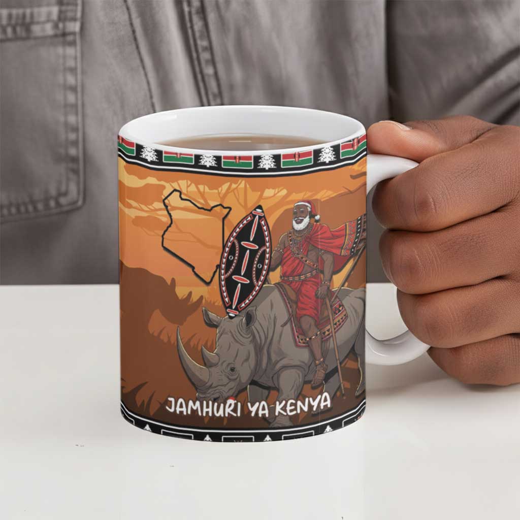 Kenya Safari Christmas Ceramic Mug Black Santa Riding Rhinoceros - Heri ya Krismasi