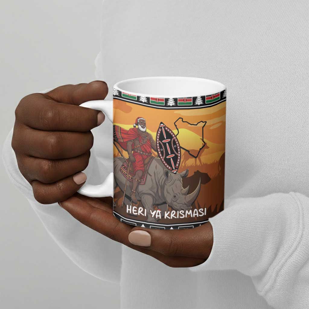 Kenya Safari Christmas Ceramic Mug Black Santa Riding Rhinoceros - Heri ya Krismasi