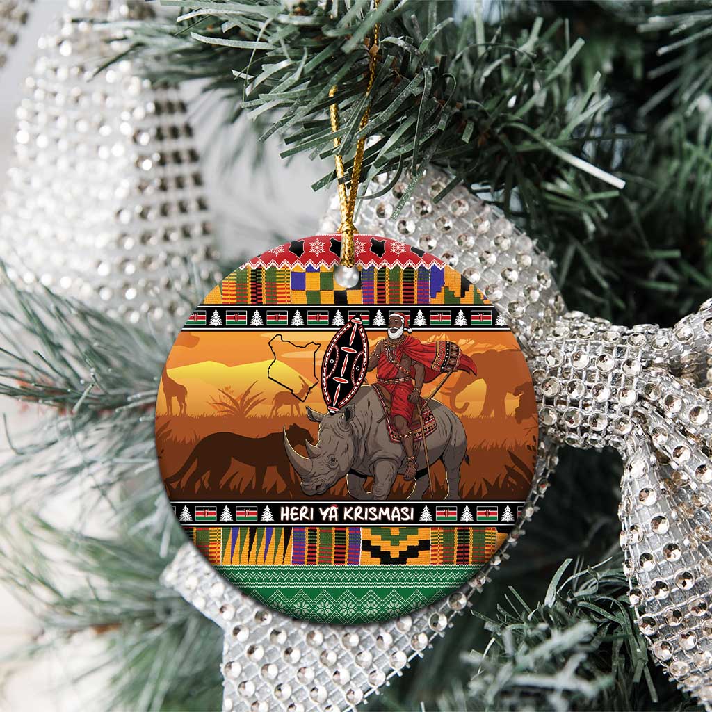 Afro Christmas in Kenya Safari Ceramic Ornament Black Santa Riding Rhinoceros - African Pride