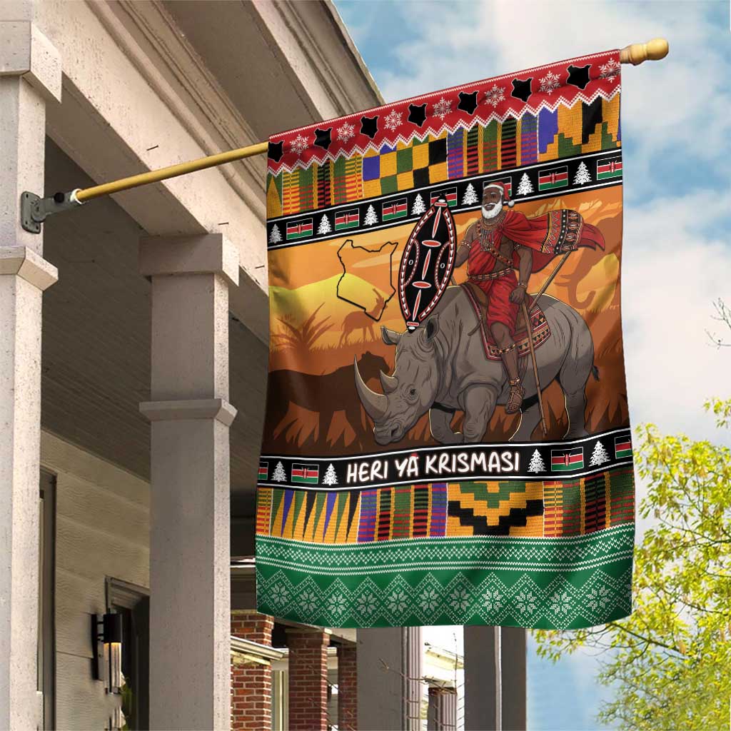 Afro Christmas in Kenya Safari Garden Flag Black Santa Riding Rhinoceros - African Pride