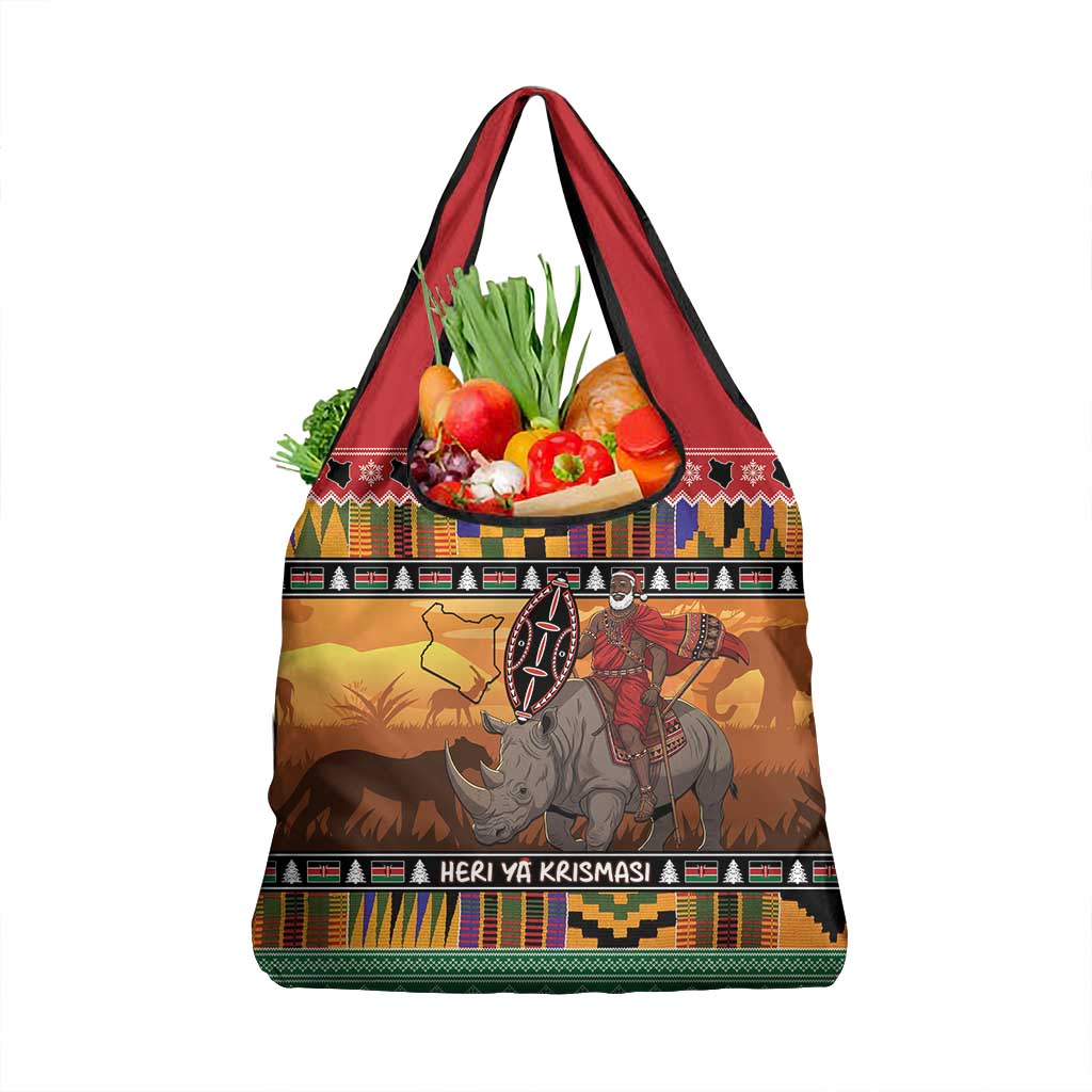 Afro Christmas in Kenya Safari Grocery Bag Black Santa Riding Rhinoceros - African Pride