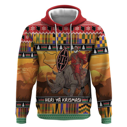 Afro Christmas in Kenya Safari Hoodie Black Santa Riding Rhinoceros - African Pride