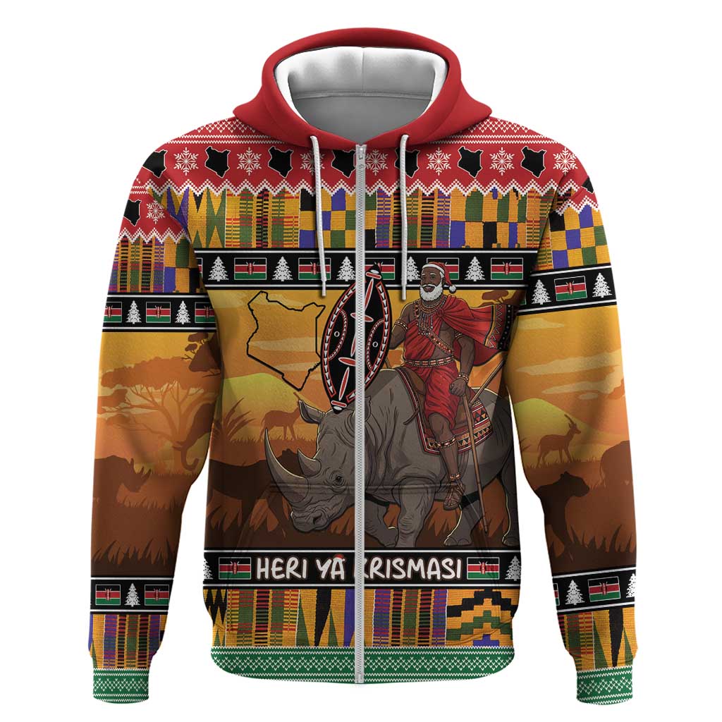 Afro Christmas in Kenya Safari Hoodie Black Santa Riding Rhinoceros - African Pride