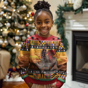 Afro Christmas in Kenya Safari Kid Ugly Christmas Sweater Black Santa Riding Rhinoceros - African Pride