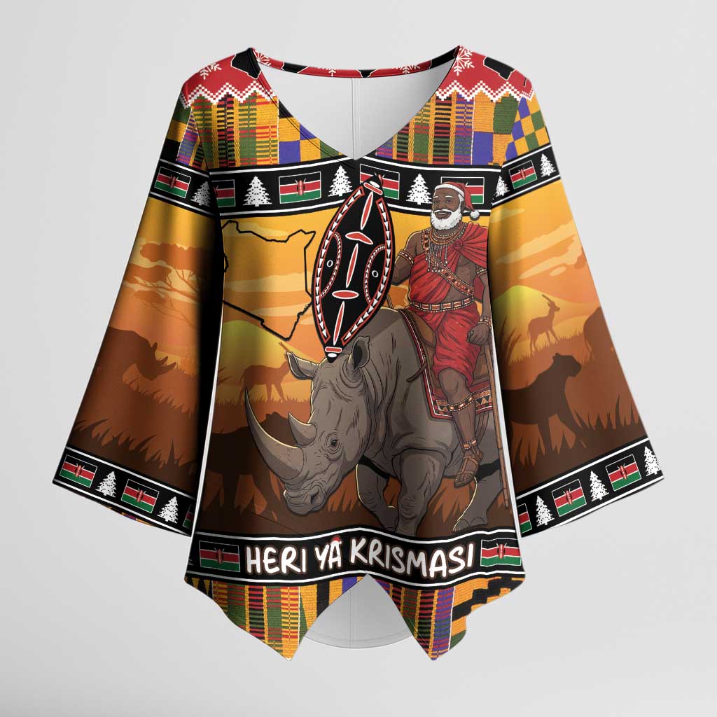 Kenya Safari Christmas Kimono Sleeve Blouse Black Santa Riding Rhinoceros - Heri ya Krismasi
