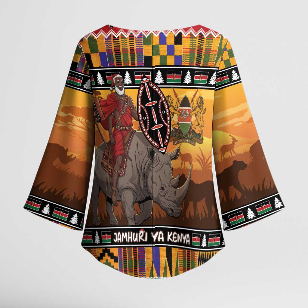 Kenya Safari Christmas Kimono Sleeve Blouse Black Santa Riding Rhinoceros - Heri ya Krismasi