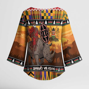 Kenya Safari Christmas Kimono Sleeve Blouse Black Santa Riding Rhinoceros - Heri ya Krismasi