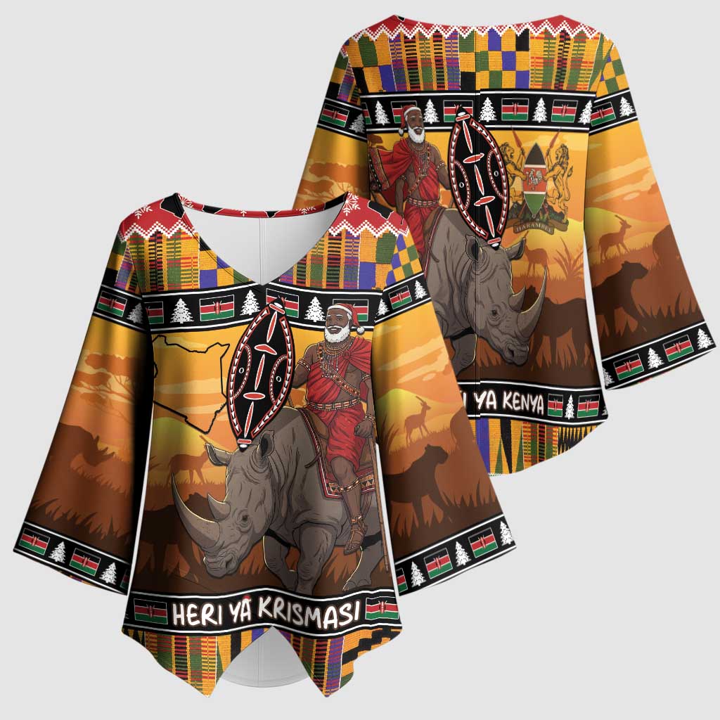 Kenya Safari Christmas Kimono Sleeve Blouse Black Santa Riding Rhinoceros - Heri ya Krismasi