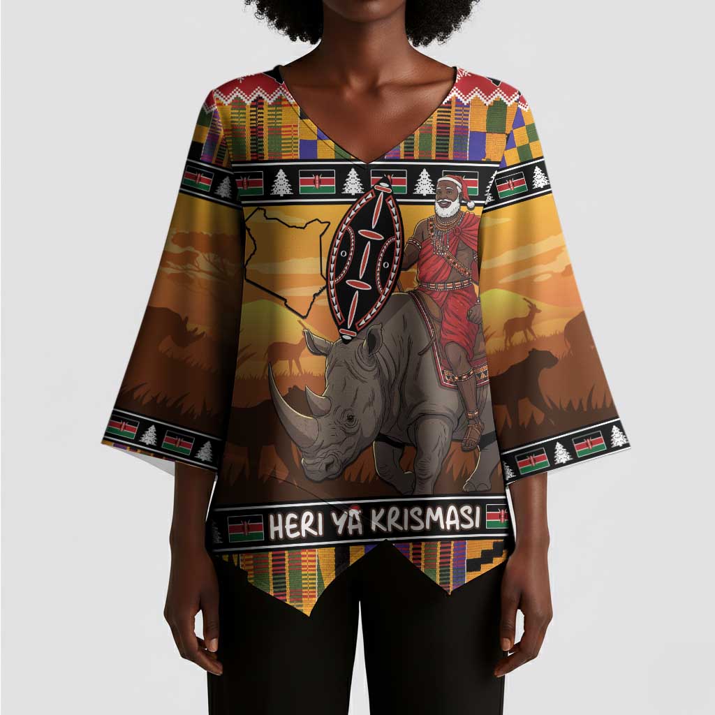 Kenya Safari Christmas Kimono Sleeve Blouse Black Santa Riding Rhinoceros - Heri ya Krismasi