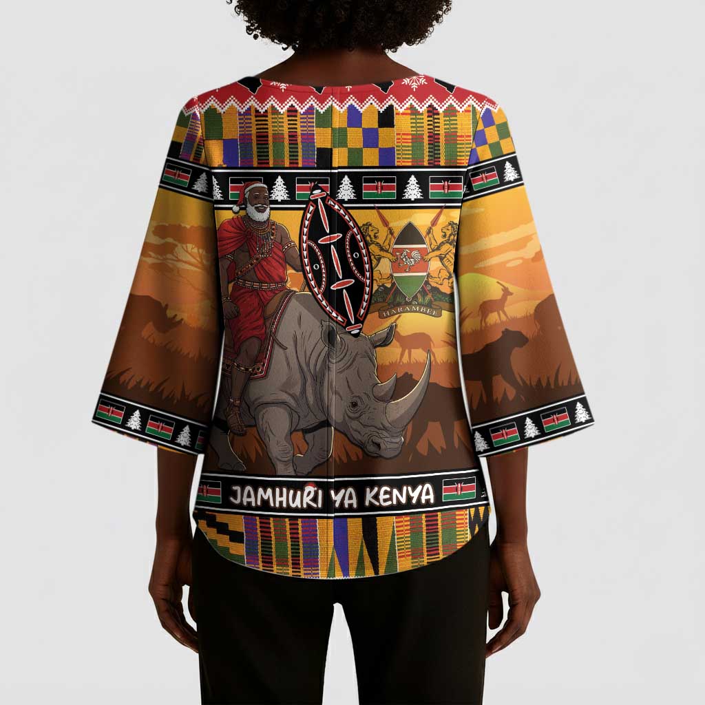 Kenya Safari Christmas Kimono Sleeve Blouse Black Santa Riding Rhinoceros - Heri ya Krismasi