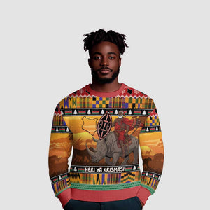 Afro Christmas in Kenya Safari Ugly Christmas Sweater Black Santa Riding Rhinoceros - African Pride