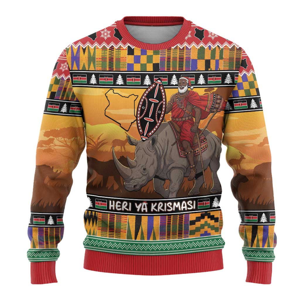 Afro Christmas in Kenya Safari Ugly Christmas Sweater Black Santa Riding Rhinoceros - African Pride