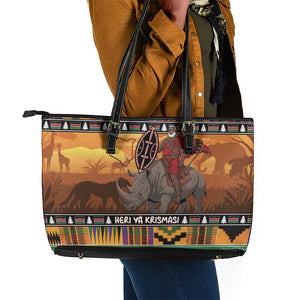 Afro Christmas in Kenya Safari Leather Tote Bag Black Santa Riding Rhinoceros - African Pride