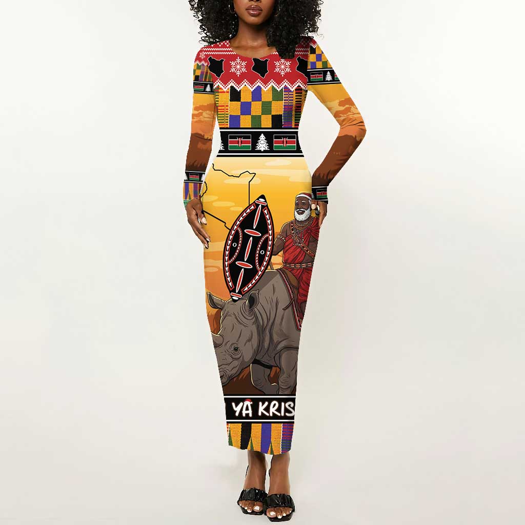 Afro Christmas in Kenya Safari Long Sleeve Bodycon Dress Black Santa Riding Rhinoceros - African Pride